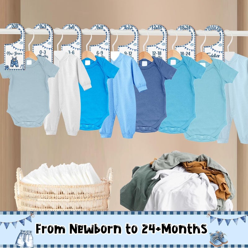 CORNER LACE Baby Closet Dividers 8PCS, Denim Themed Wooden Double-Sided Clothes Size Hanger/Organizer from Newborn to Toddler, Blue Jean Nursery Decor Baby Shower Birthday Gender Reveal Party Gift - Image 4
